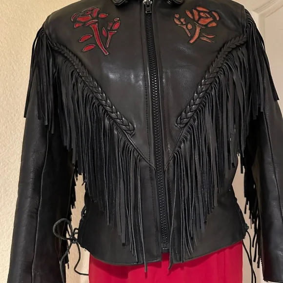 Black Fringe Leather Biker Jacket with Cut Out Rose Details - Picture 7 of 16